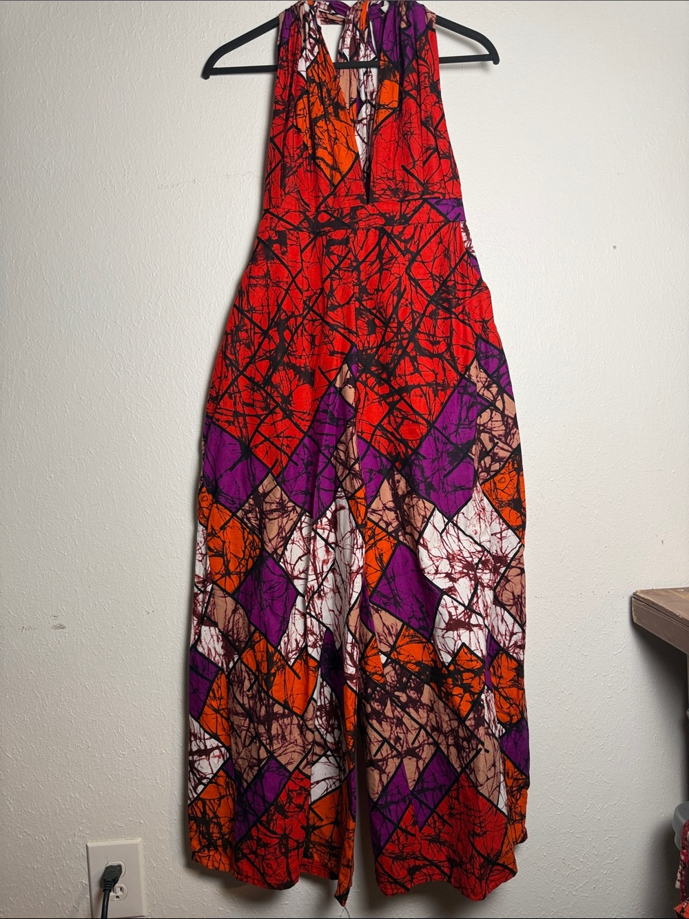 Vibrant Halter-Neck Wide-Leg Jumpsuit in Red, Purple & Orange